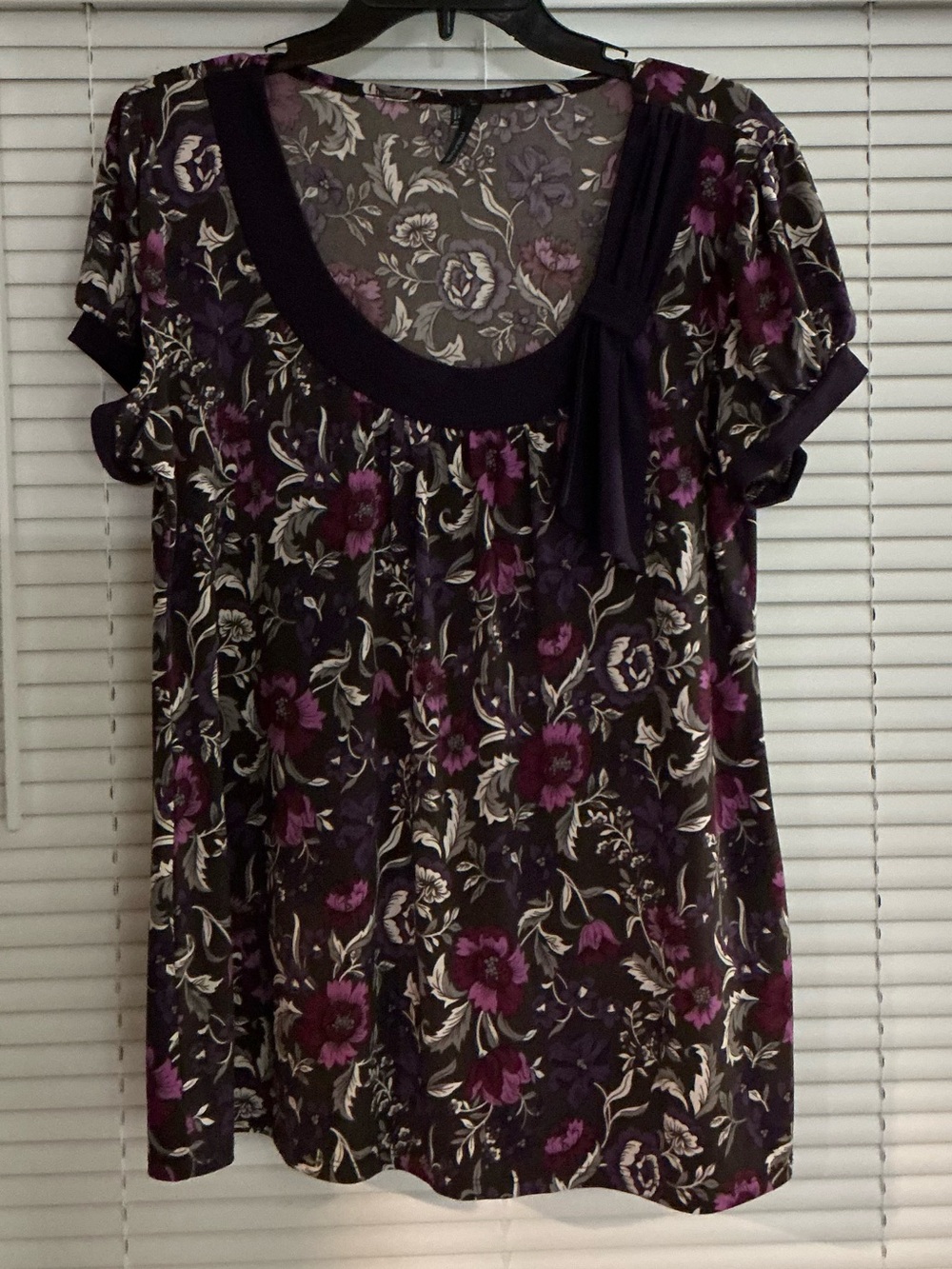 Maurices Purple Floral Scoop-Neck Blouse Bow XL Boho Tunic